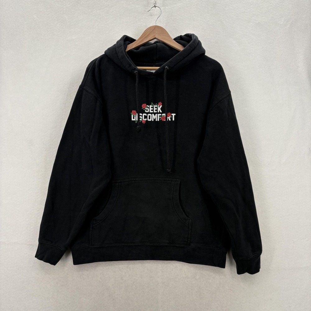 Seek Discomfort Hoodie Mens Large Black Fleece Pullover Rose Floral Graphic